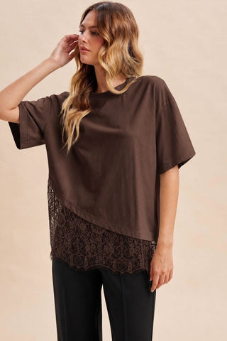 Floral Lace Trimmed Asymmetrical T-shirt