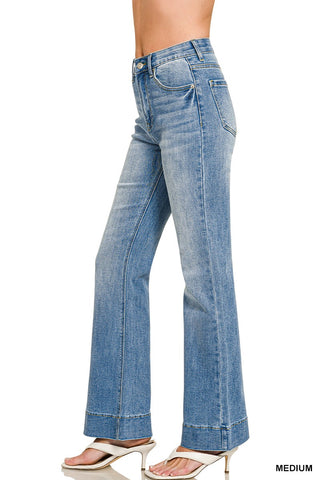 Tummy Control Elastic Waist Flare Denim Pants-Medium Wash