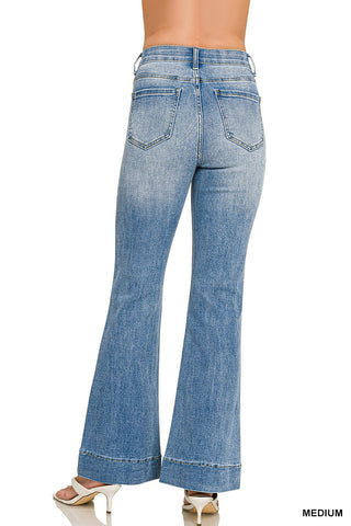 Tummy Control Elastic Waist Flare Denim Pants-Medium Wash