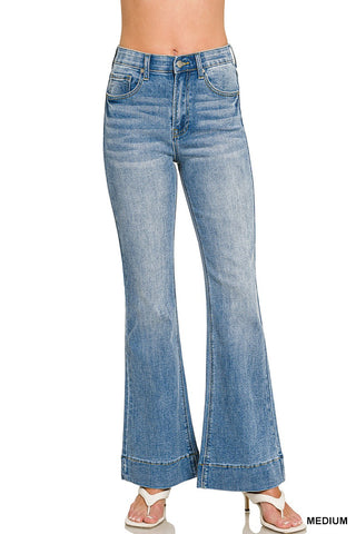 Tummy Control Elastic Waist Flare Denim Pants-Medium Wash