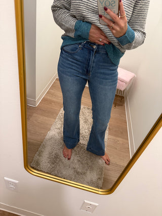 Tummy Control Elastic Waist Flare Denim Pants-Medium Wash