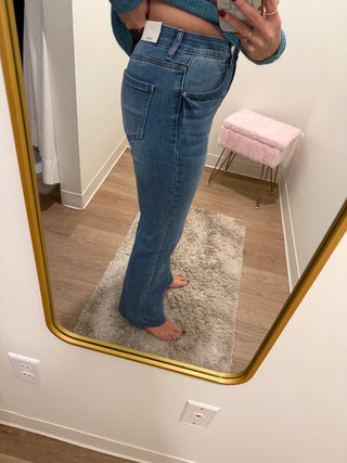 Tummy Control Elastic Waist Flare Denim Pants-Medium Wash