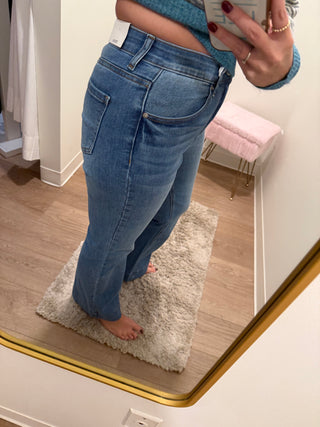 Tummy Control Elastic Waist Flare Denim Pants-Medium Wash