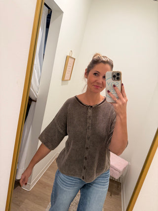 Washed Ribbed  Rolled Edge Cardigan-DK Brown