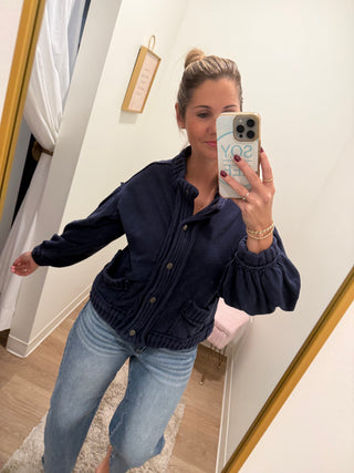 Washed Vintage Ribbed Knit Trim Cardigan Jacket