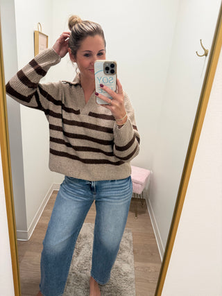Mocha/Brown Striped Sweater Top with Collar Stitched Details