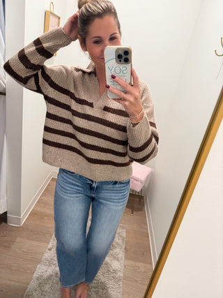 Mocha/Brown Striped Sweater Top with Collar Stitched Details