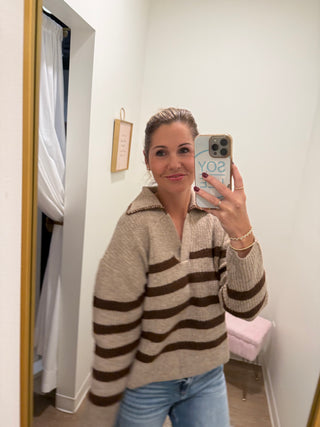 Mocha/Brown Striped Sweater Top with Collar Stitched Details