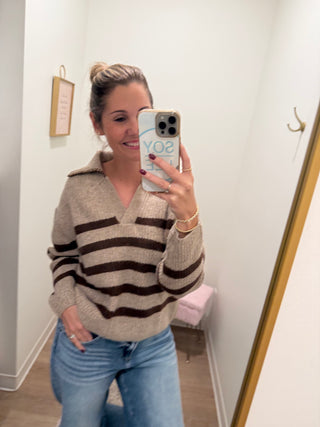 Mocha/Brown Striped Sweater Top with Collar Stitched Details