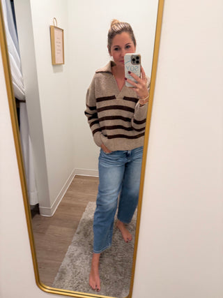 Mocha/Brown Striped Sweater Top with Collar Stitched Details