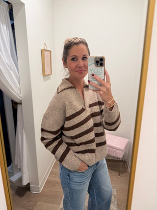Mocha/Brown Striped Sweater Top with Collar Stitched Details