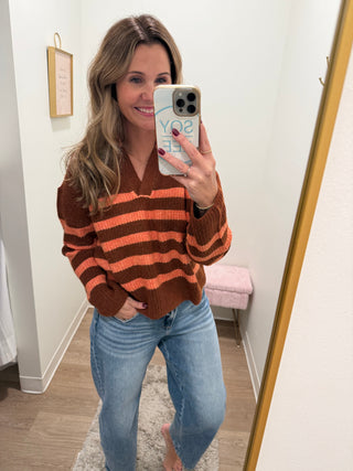 Brick/Terra Cotta Striped Sweater Top with Collar Stitched Details