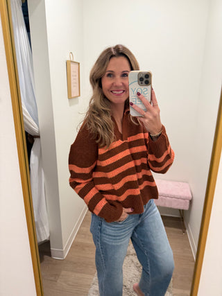 Brick/Terra Cotta Striped Sweater Top with Collar Stitched Details