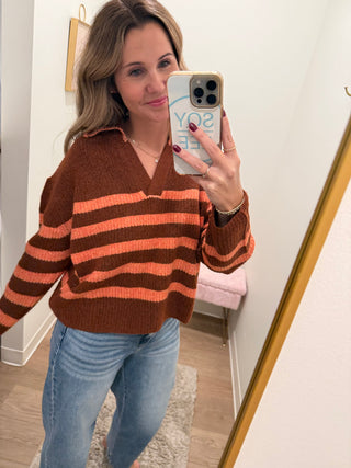 Brick/Terra Cotta Striped Sweater Top with Collar Stitched Details