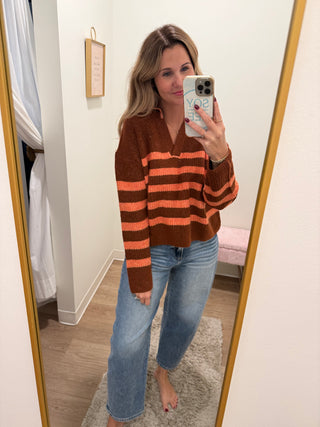Brick/Terra Cotta Striped Sweater Top with Collar Stitched Details