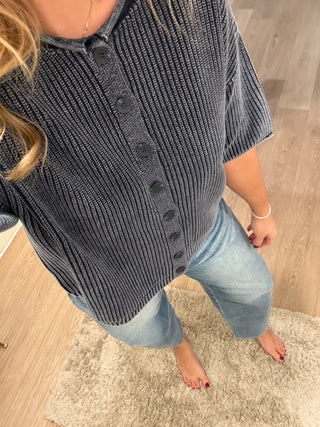 Washed Ribbed  Rolled Edge Cardigan-Navy