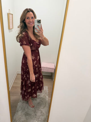Floral Sweetheart Smocked Puff Tiered Midi Dress