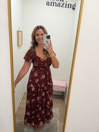 Floral Sweetheart Smocked Puff Tiered Midi Dress