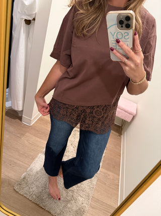 Floral Lace Trimmed Asymmetrical T-shirt