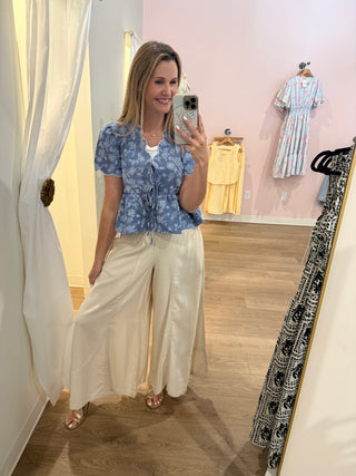 Shirred Detail Pull On Linen Pant