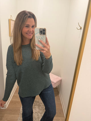 Ribbed Brushed Melange Hacci Sweater With A Pocket-Jade