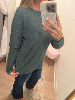 Ribbed Brushed Melange Hacci Sweater With A Pocket-Jade
