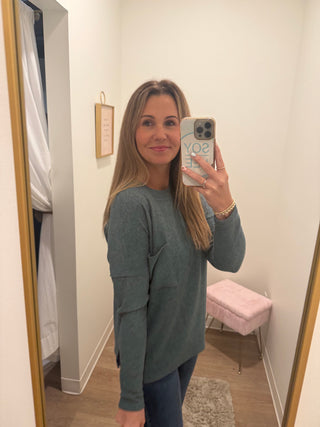 Ribbed Brushed Melange Hacci Sweater With A Pocket-Jade