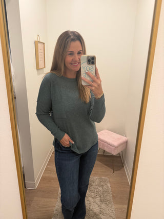 Ribbed Brushed Melange Hacci Sweater With A Pocket-Jade