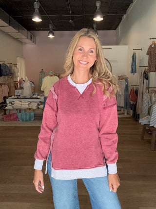 Acid Wash Fleece Pullover-cabernet color