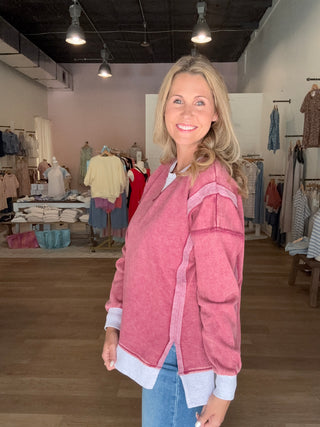 Acid Wash Fleece Pullover-cabernet color
