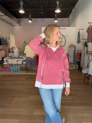 Acid Wash Fleece Pullover-cabernet color