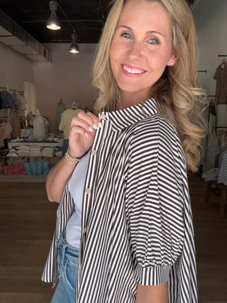 Brown Stripe Oversized Button Top