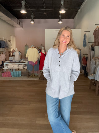 Gray Half Snap Button Fleece Hoodie Pullover