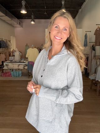 Gray Half Snap Button Fleece Hoodie Pullover