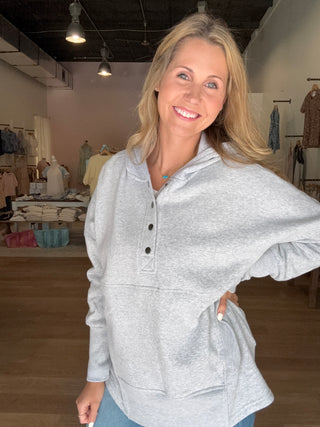Gray Half Snap Button Fleece Hoodie Pullover