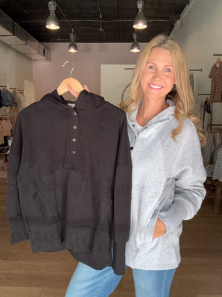 Black Half Button Fleece Hoodie Pullover