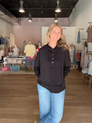 Black Half Button Fleece Hoodie Pullover