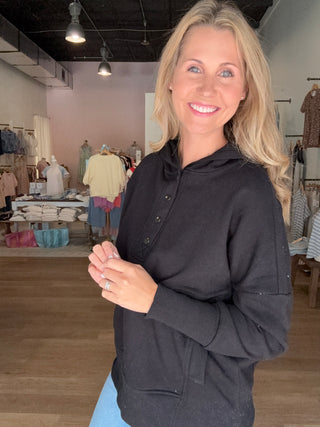 Black Half Button Fleece Hoodie Pullover
