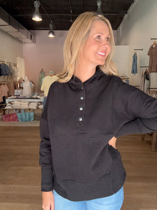 Black Half Button Fleece Hoodie Pullover