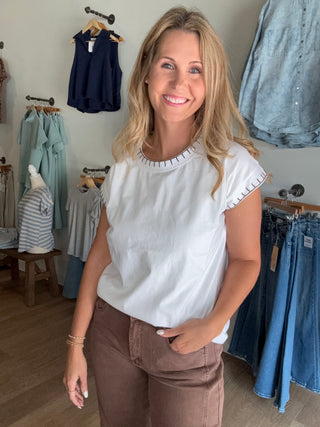 White Stitch Detail Top