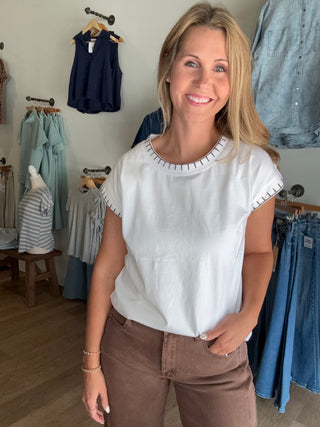 White Stitch Detail Top