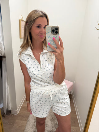 Two Piece White with Blue florals set