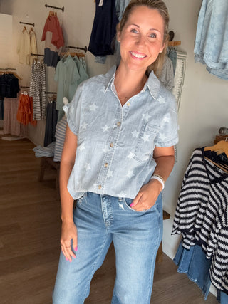 Star Denim Collared Button Top