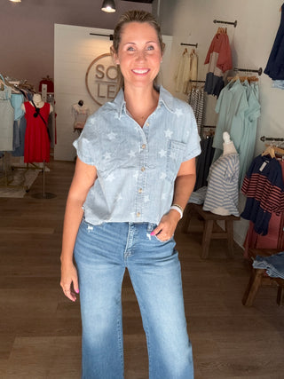 Star Denim Collared Button Top