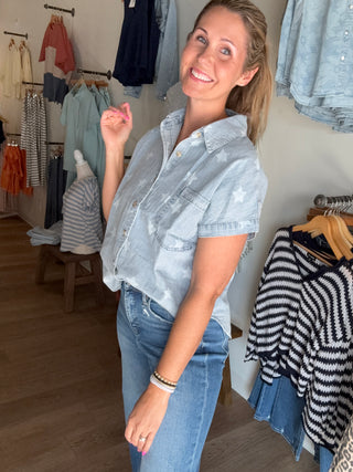 Star Denim Collared Button Top