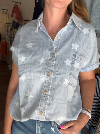 Star Denim Collared Button Top