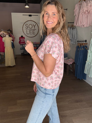 Pink Floral Raw Hem Top