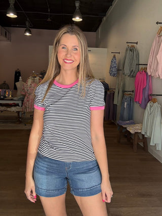 Black and White stripe top etched in pink