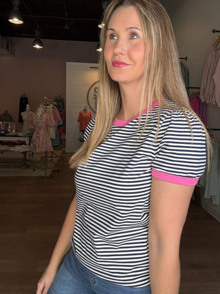 Black and White stripe top etched in pink