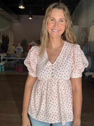 Pink Floral Puff Sleeve Top